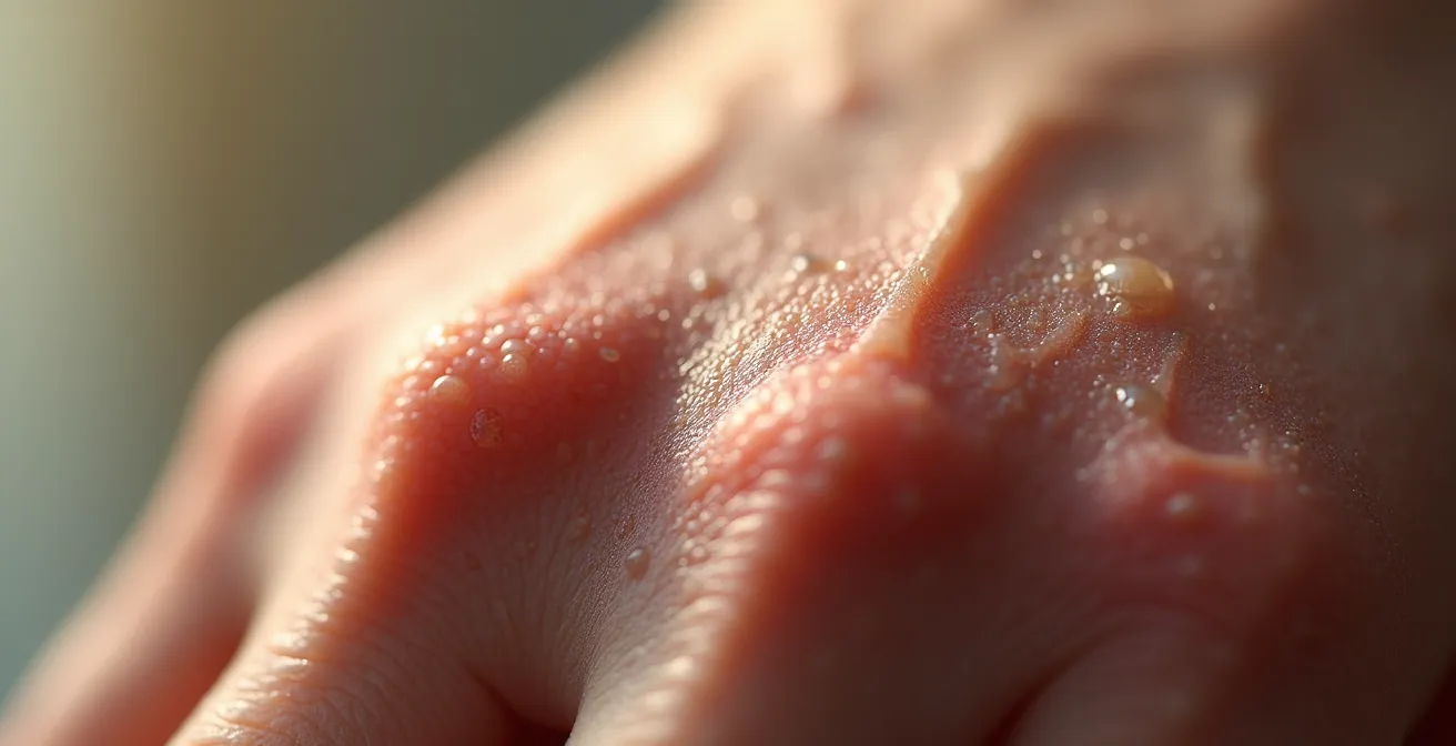 Coupe transversale de la peau des mains montrant l'absence de glandes sébacées et l'amincissement du film hydrolipidique protecteur